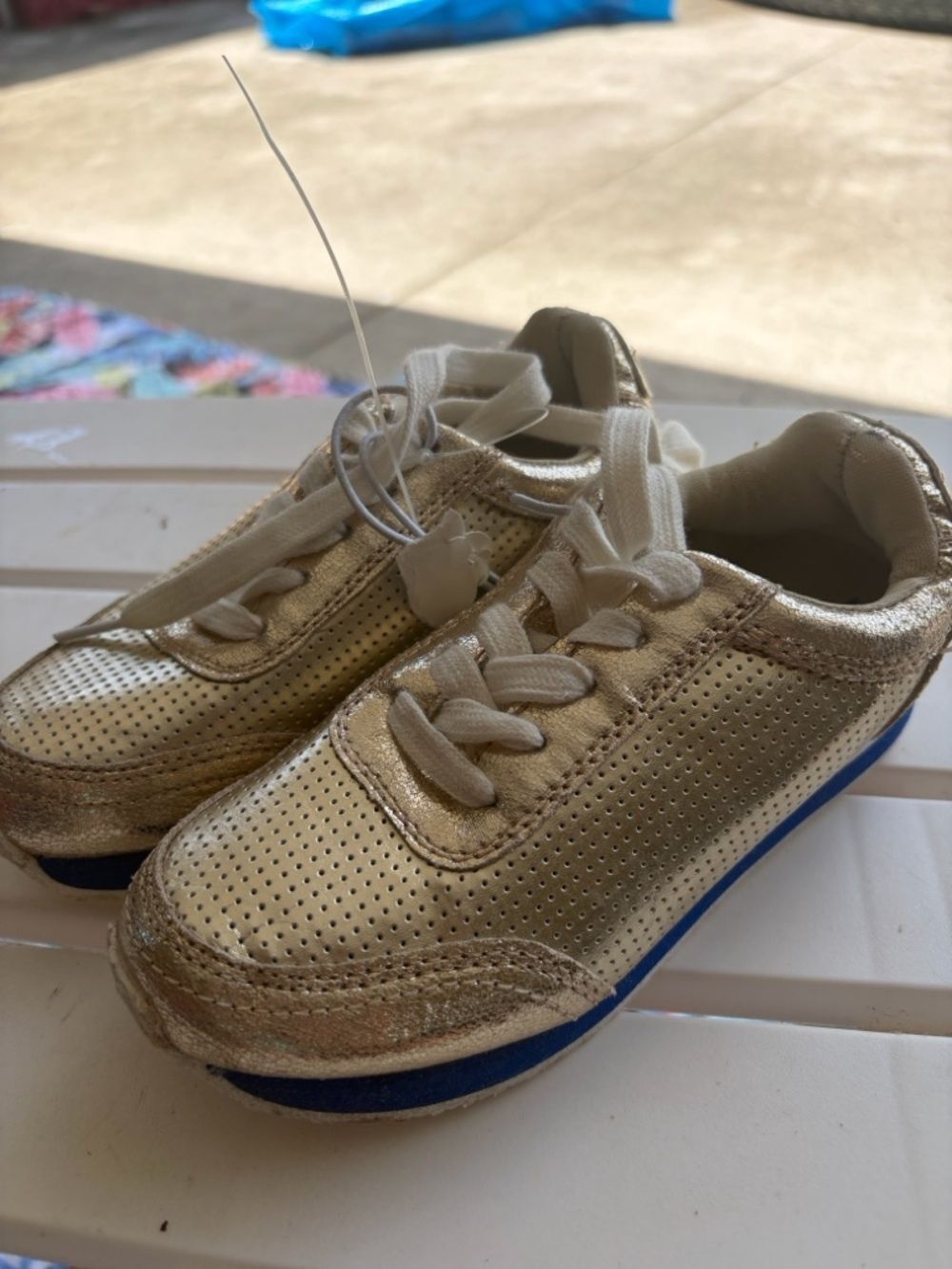 Stevies Metallic Gold Lace-Up Kids Sneakers with Blue Trim Size 13